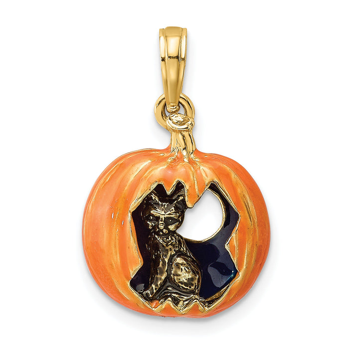 14K 3-D Enameled Pumpkin w/Black Cat and Moon Charm-K6809