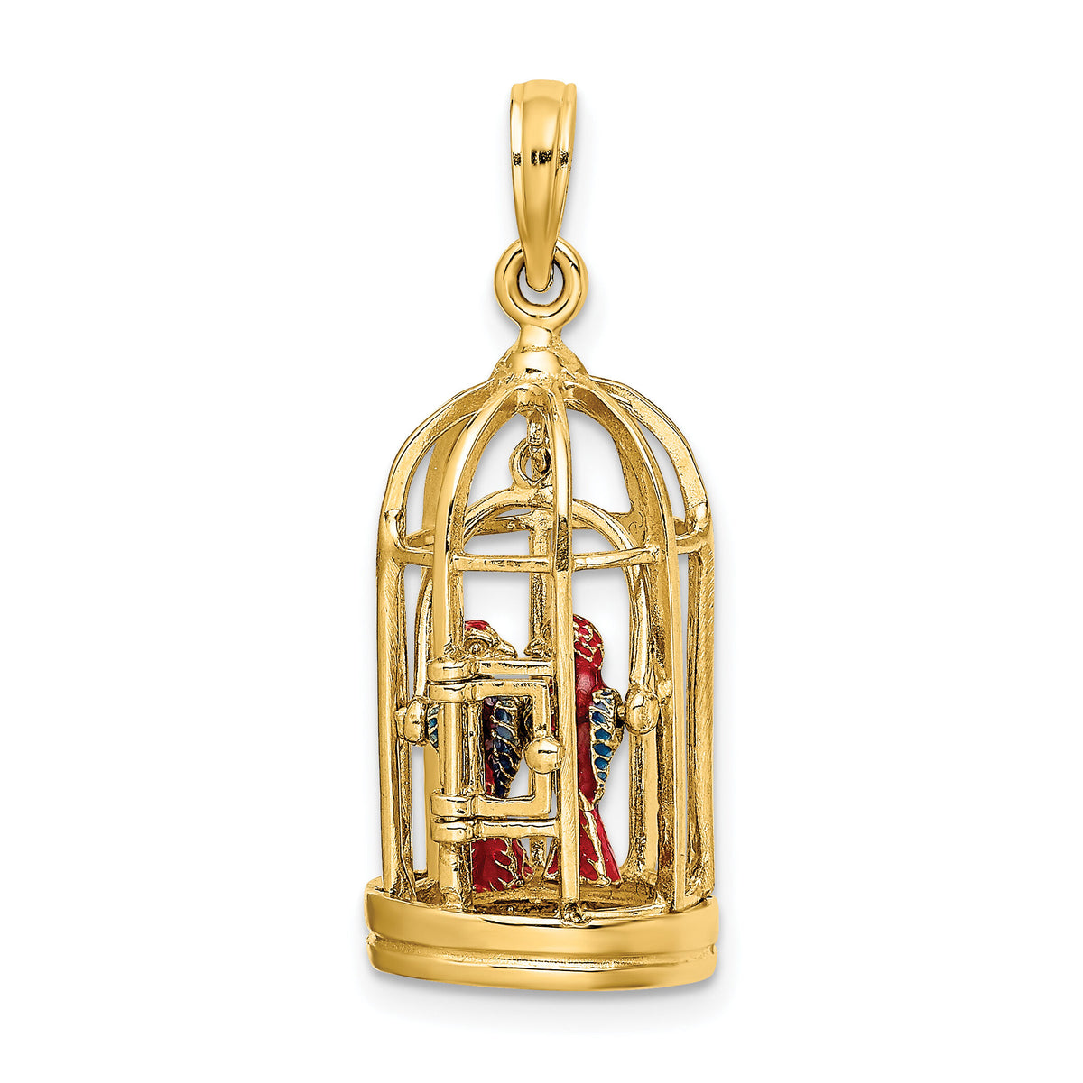 14K w/ Enamel 3-D Bird Cage w/ 2 Birds and Doors Open Charm-K6813