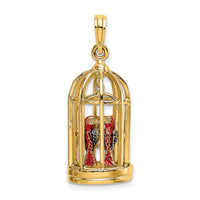 14K w/ Enamel 3-D Bird Cage w/ 2 Birds and Doors Open Charm-K6813
