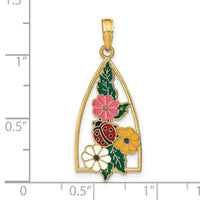 14K Enameled Ladybug and Flowers Triangle Pendant-K6834