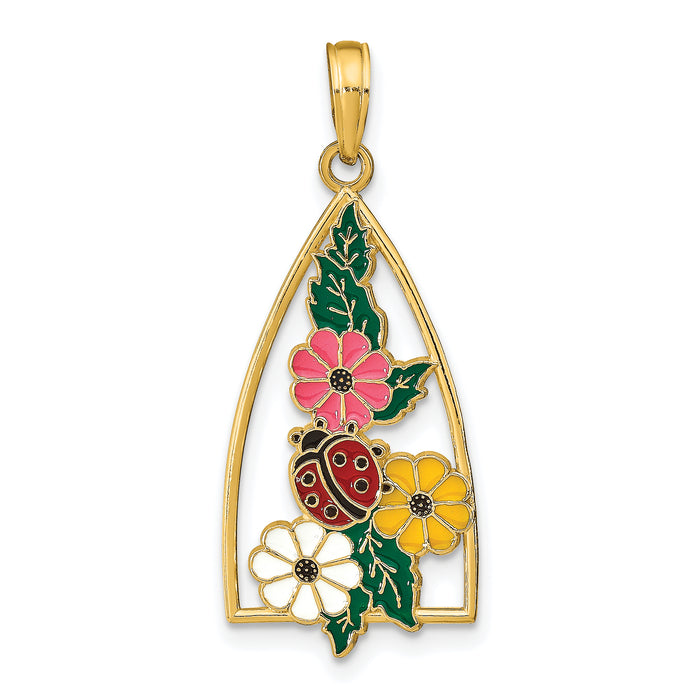 14K Enameled Ladybug and Flowers Triangle Pendant-K6834