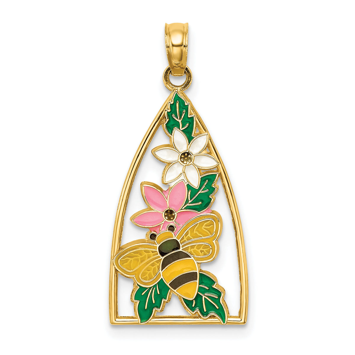 14K Enameled Bumblebee and Flowers Triangle Charm-K6837