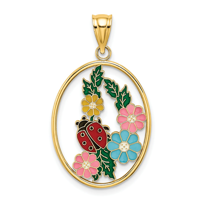 14K Stained Glass w/ Enamel Oval Ladybug Charm-K6848