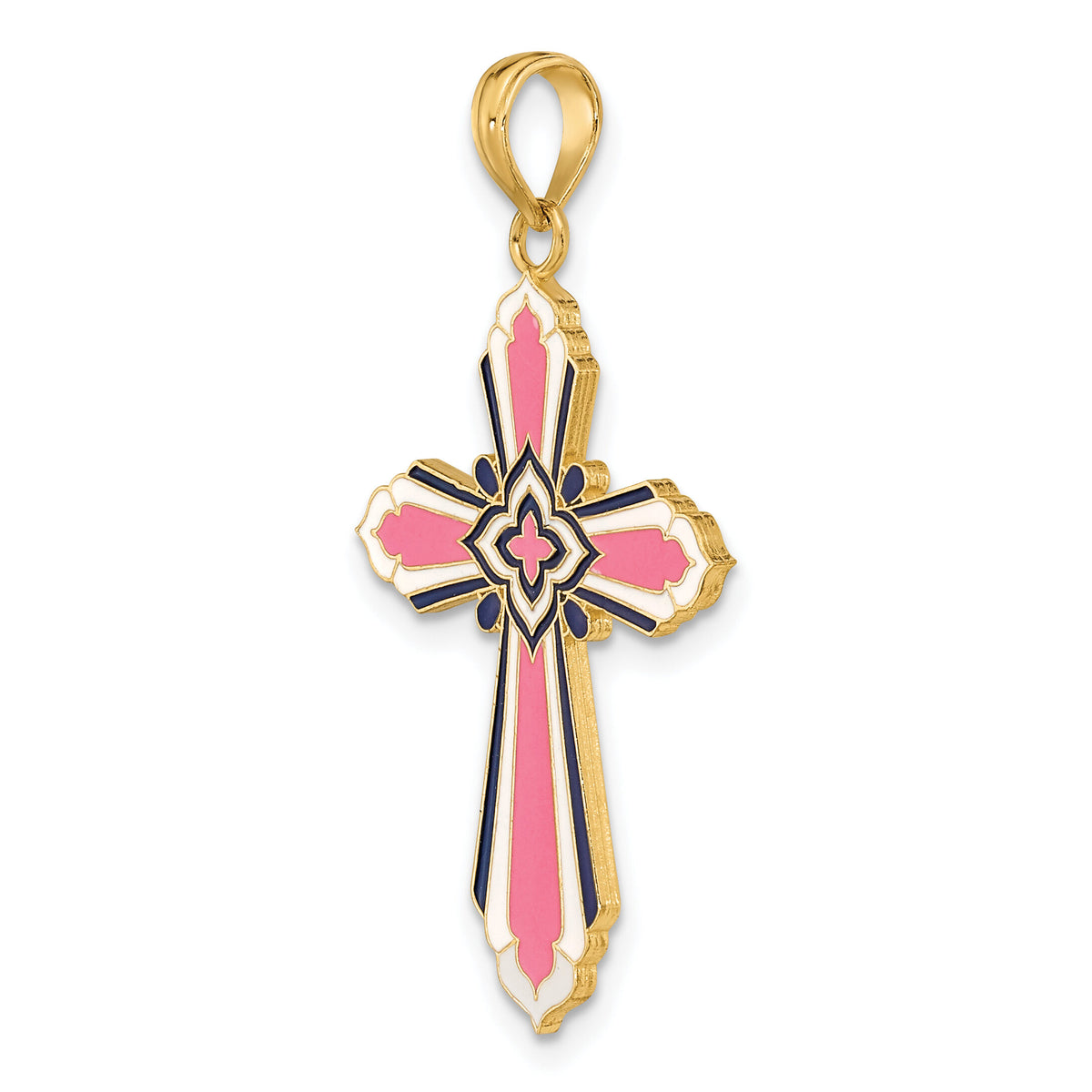 14K 3-D W/ Pink and White Enamel Cross Charm-K6858
