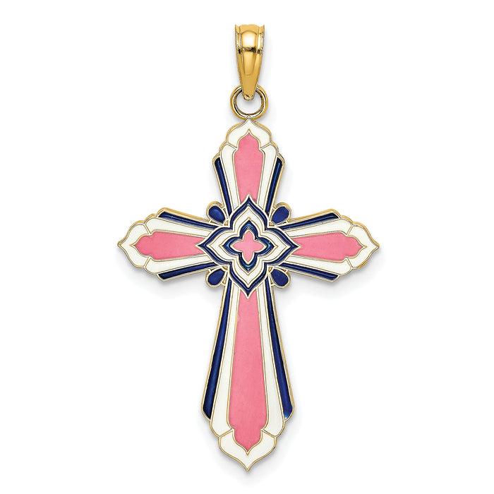 14K 3-D W/ Pink and White Enamel Cross Charm-K6858