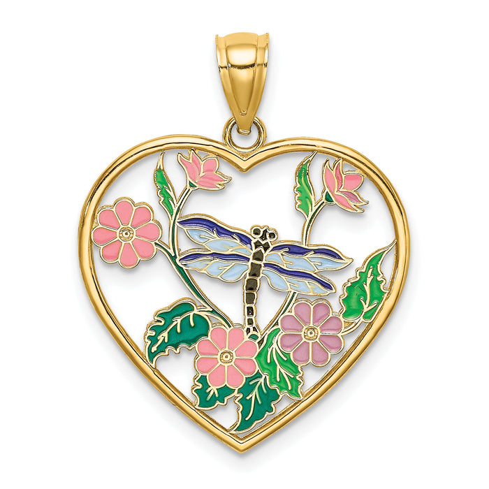 14K Enamel Dragonfly and Flower in Heart Charm-K6861