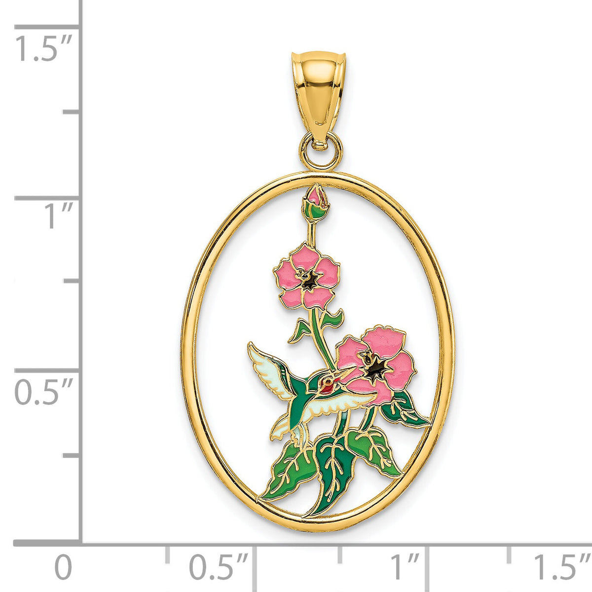 14K w/ Enamel Hummingbird and Flowers In Oval Frame Charm-K6863