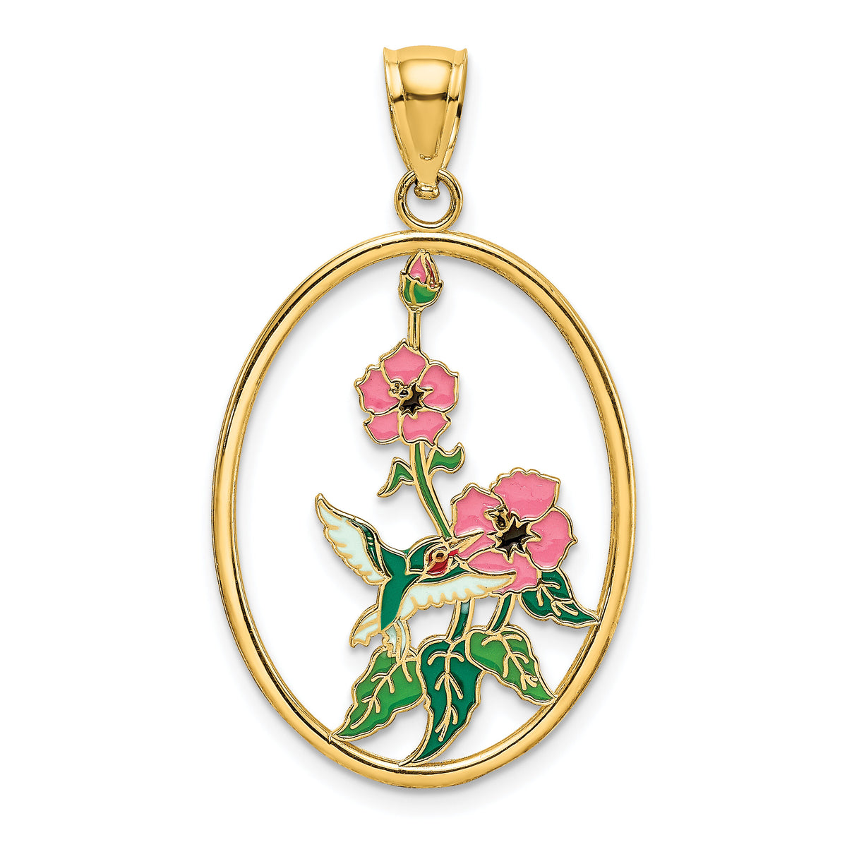 14K w/ Enamel Hummingbird and Flowers In Oval Frame Charm-K6863