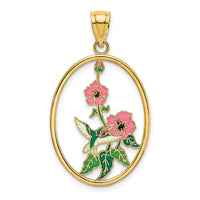 14K w/ Enamel Hummingbird and Flowers In Oval Frame Charm-K6863