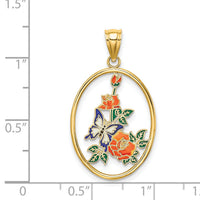 14K Enamel White Butterfly In Oval w/ Orange Flowers Charm-K6866