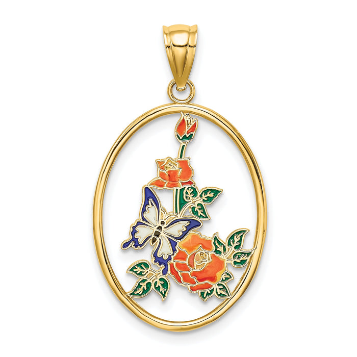 14K Enamel White Butterfly In Oval w/ Orange Flowers Charm-K6866