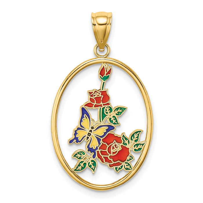 14K Enamel Yellow Butterfly in Oval Red Flower Charm-K6867