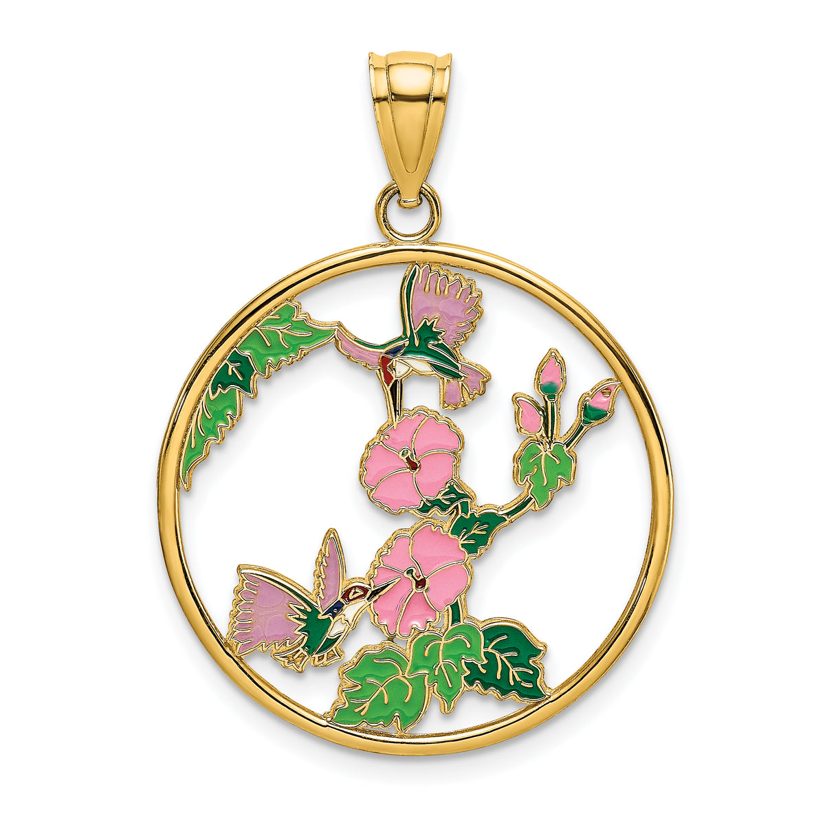14K w/ Enamel Hummingbirds and Flowers In Circle Charm-K6868