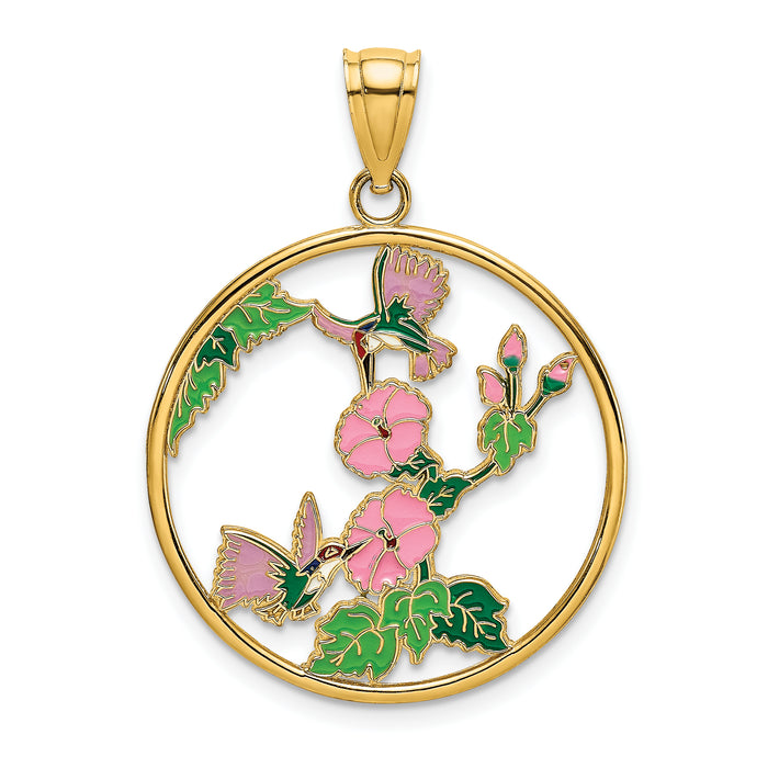 14K w/ Enamel Hummingbirds and Flowers In Circle Charm-K6868