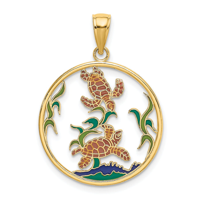 14K Enamel Sea Turtles In Circle Charm-K6869