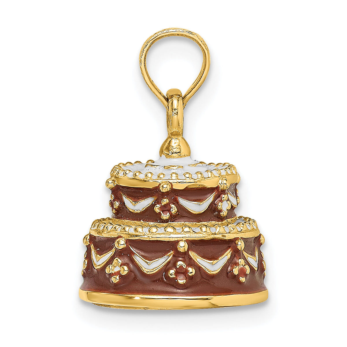 14K 3-D Enameled HAPPY BIRTHDAY Cake w/Brown Frosting Charm-K6871