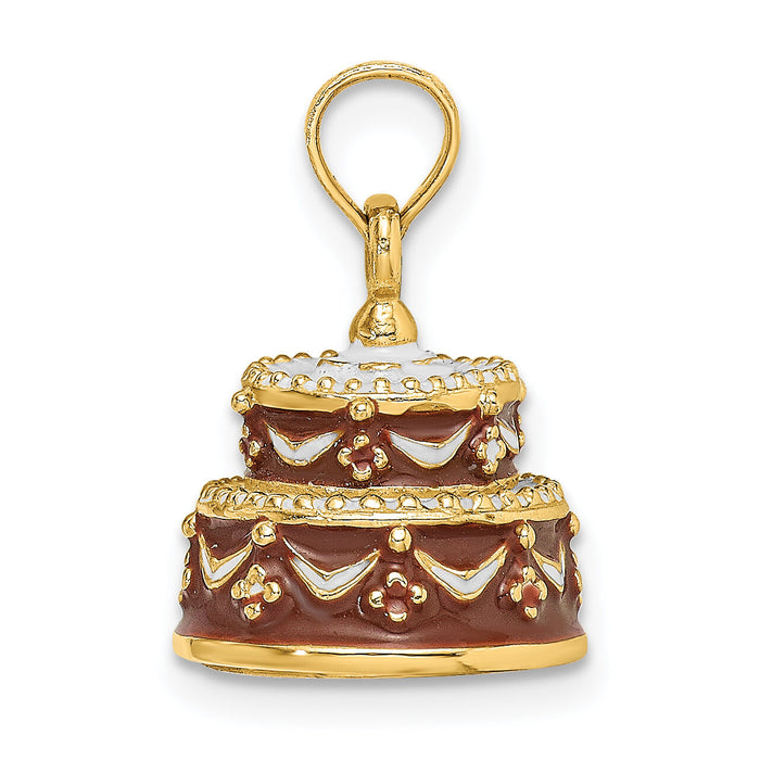 14K 3-D Enameled HAPPY BIRTHDAY Cake w/Brown Frosting Charm-K6871