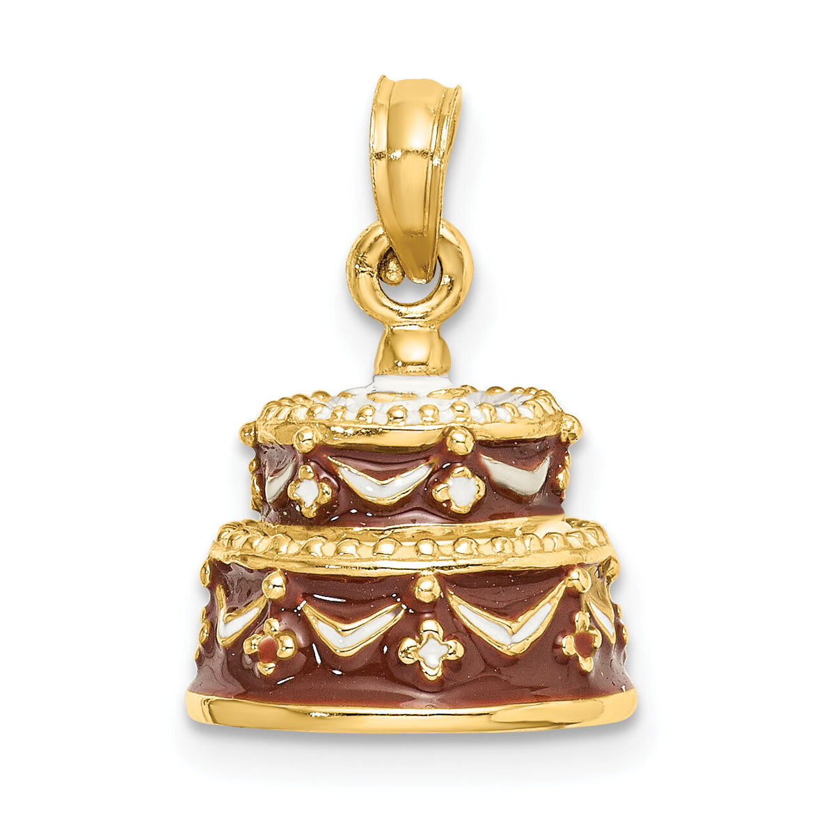 14K 3-D Enameled HAPPY BIRTHDAY Cake w/Brown Frosting Charm-K6871