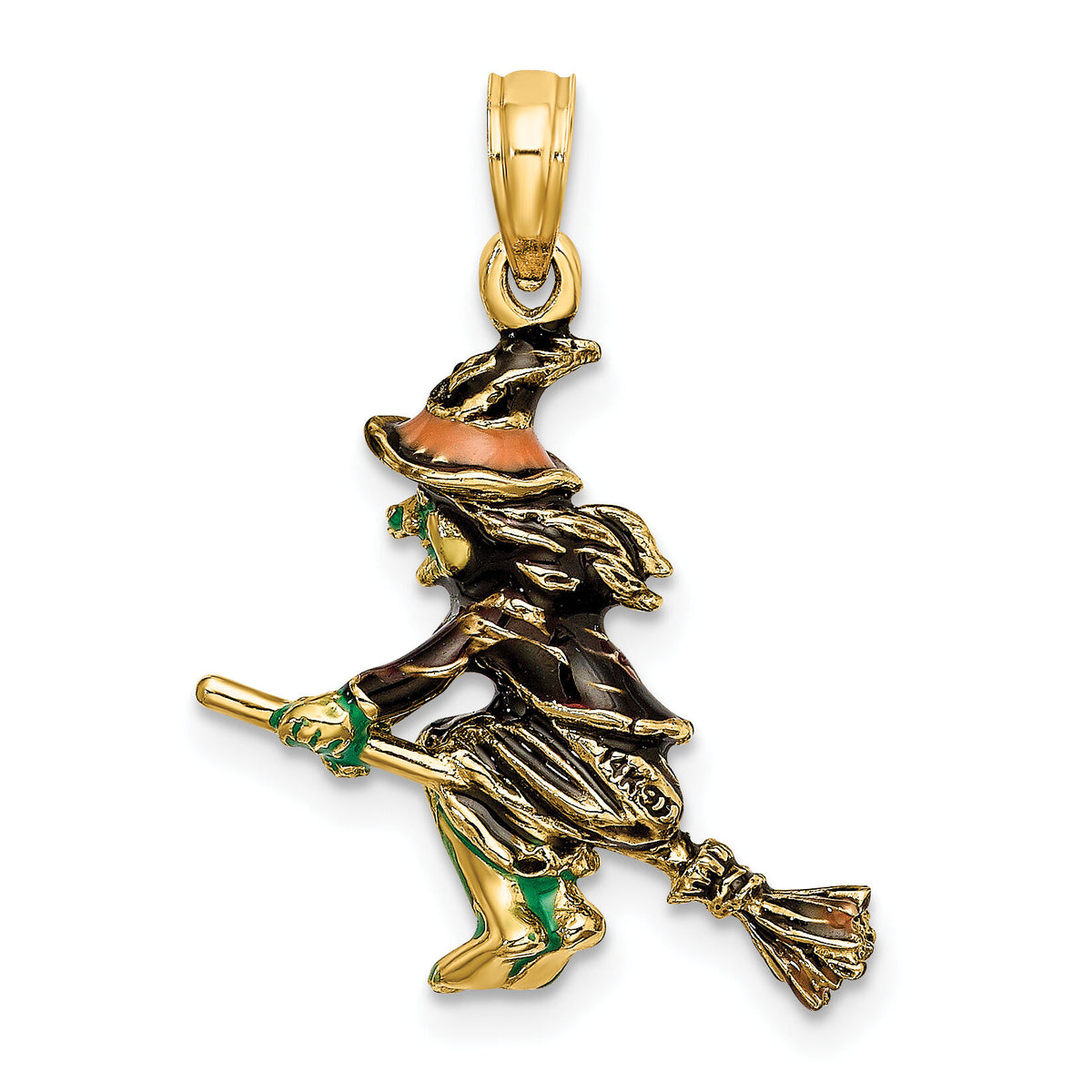 14K 3-D Enameled Witch Flying on Broom Charm-K6887