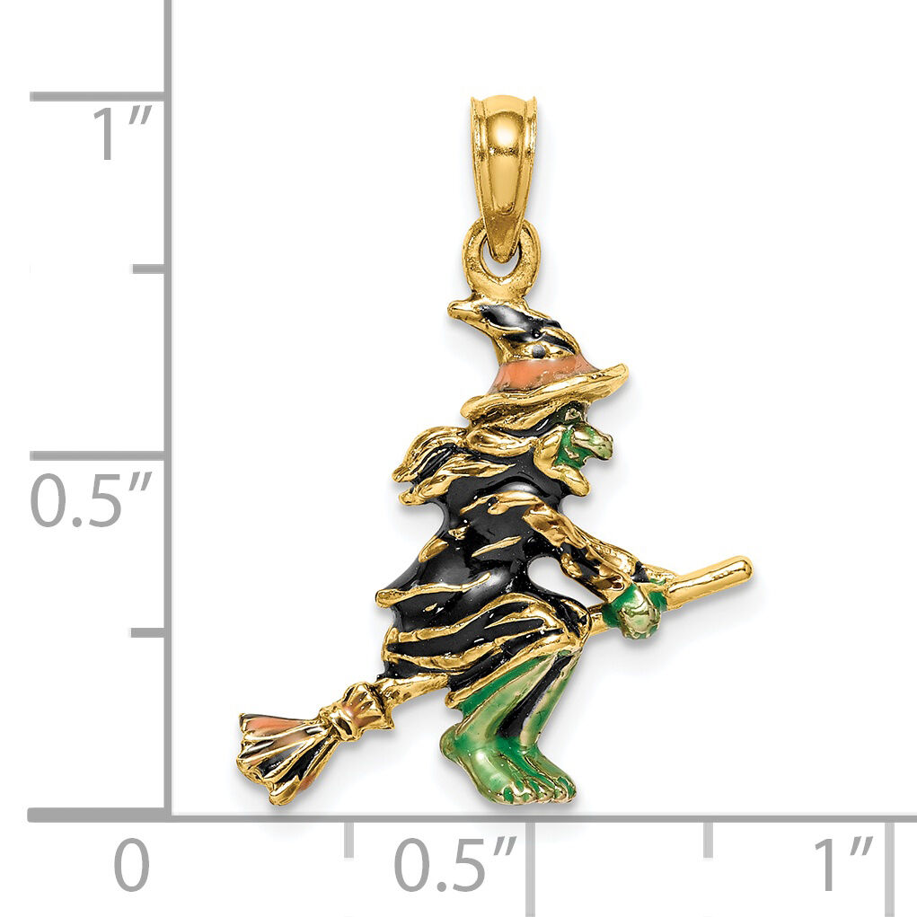 14K 3-D Enameled Witch Flying on Broom Charm-K6887