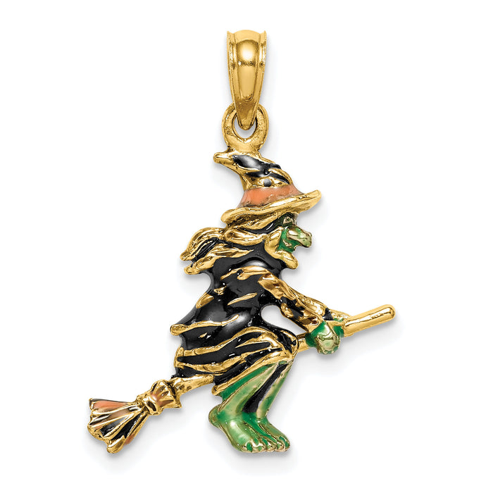 14K 3-D Enameled Witch Flying on Broom Charm-K6887