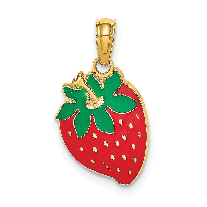 14K W/ Enamel Strawberry With Leaf Charm-K6905