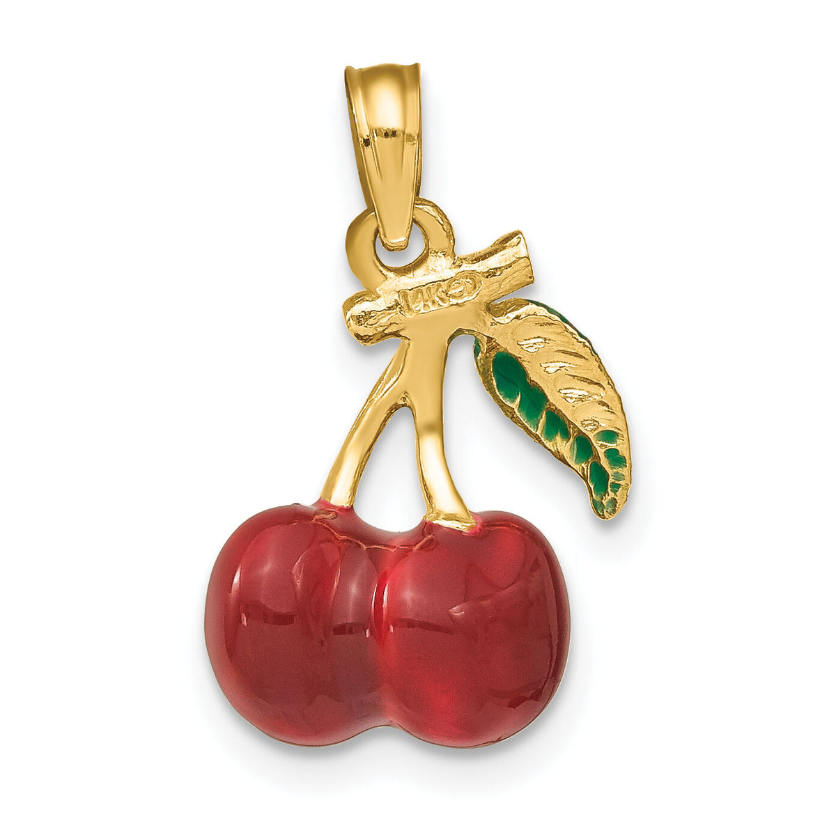 14K 3-D Enamel Cherries W/ Leaf Charm-K6924