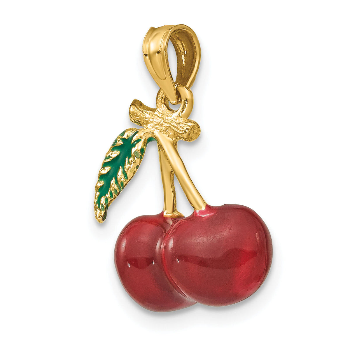 14K 3-D Enamel Cherries W/ Leaf Charm-K6924