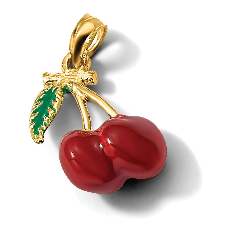 14K 3-D Enamel Cherries W/ Leaf Charm-K6924