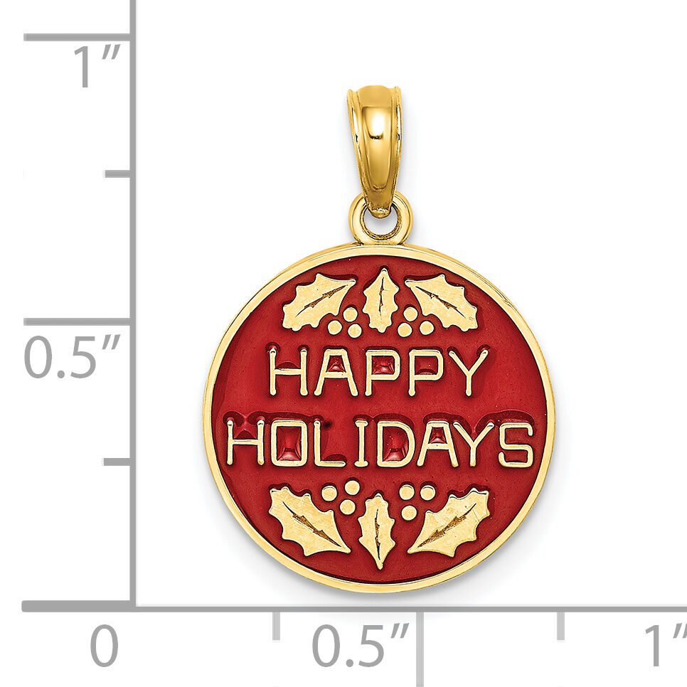 14K w/ Enamel HAPPY HOLIDAYS w/ Holly On Round Disc Charm-K6960