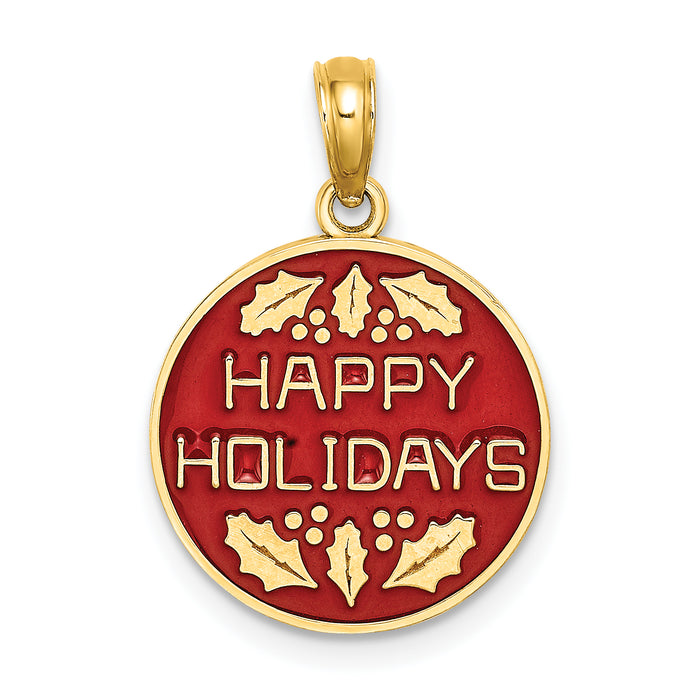14K w/ Enamel HAPPY HOLIDAYS w/ Holly On Round Disc Charm-K6960