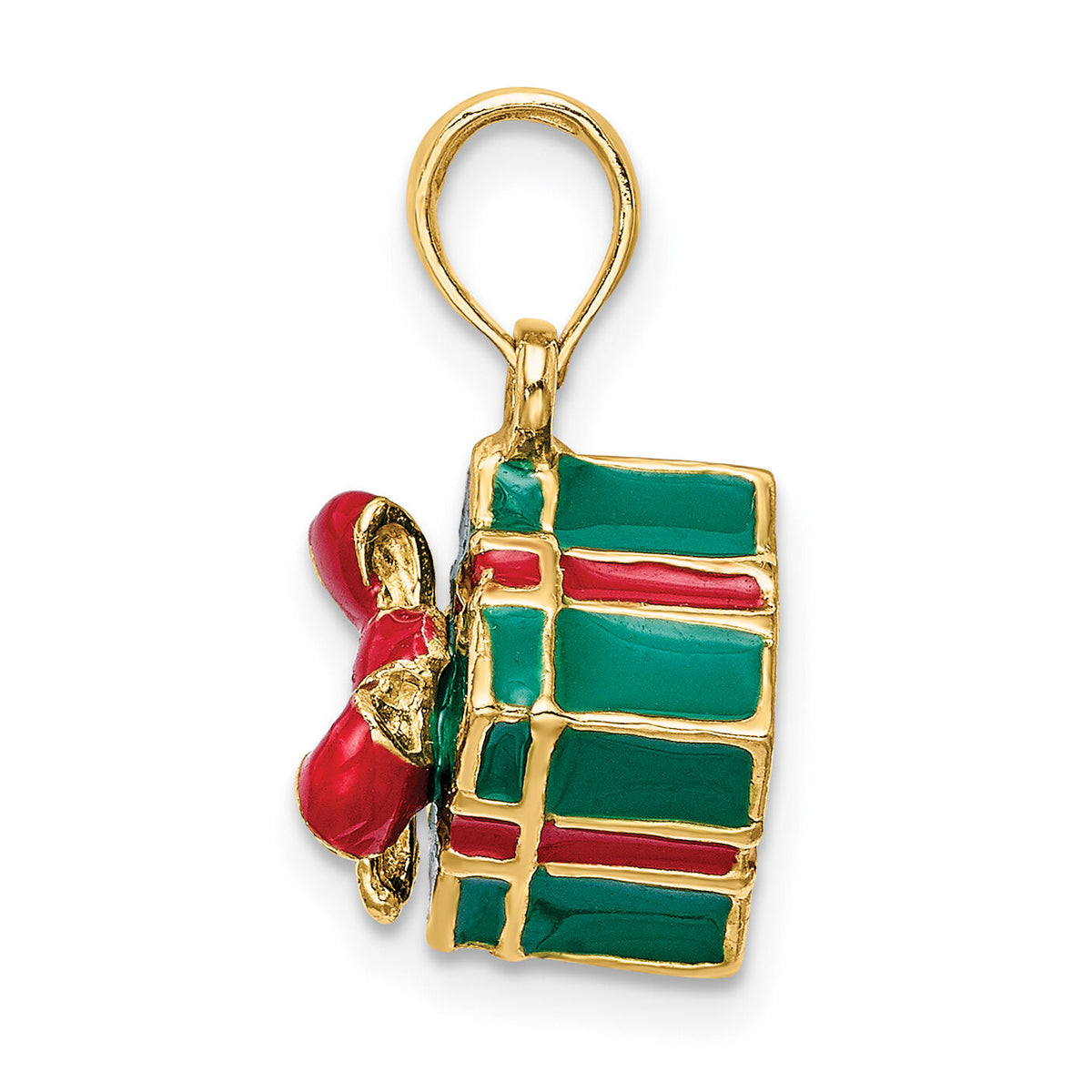 14K 3-D w/Enamel Green Gift Box w/Red Bow Charm-K7014