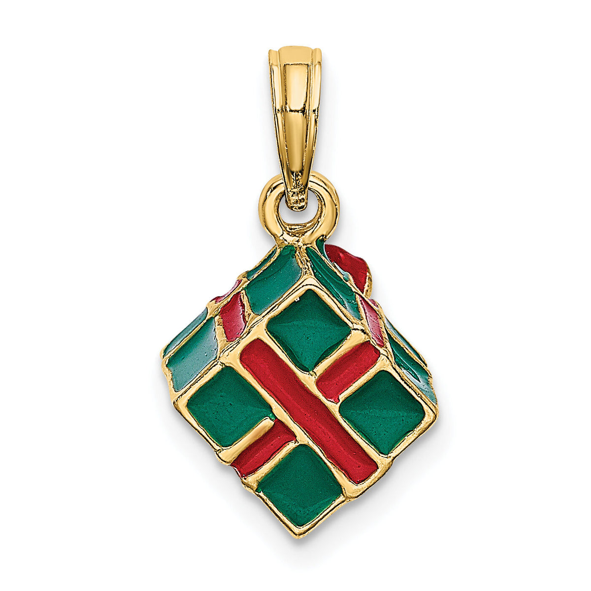 14K 3-D w/Enamel Green Gift Box w/Red Bow Charm-K7014
