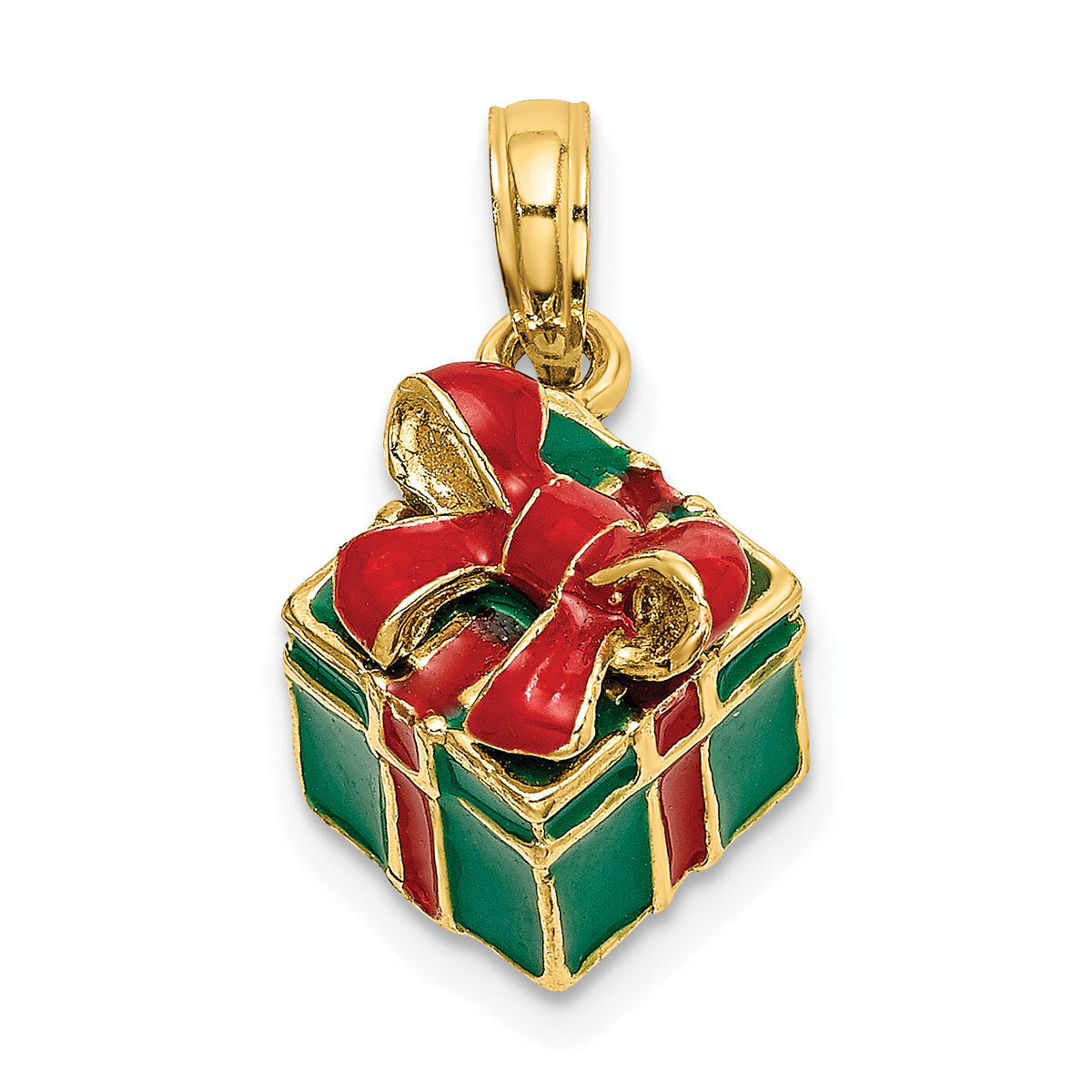 14K 3-D w/Enamel Green Gift Box w/Red Bow Charm-K7014