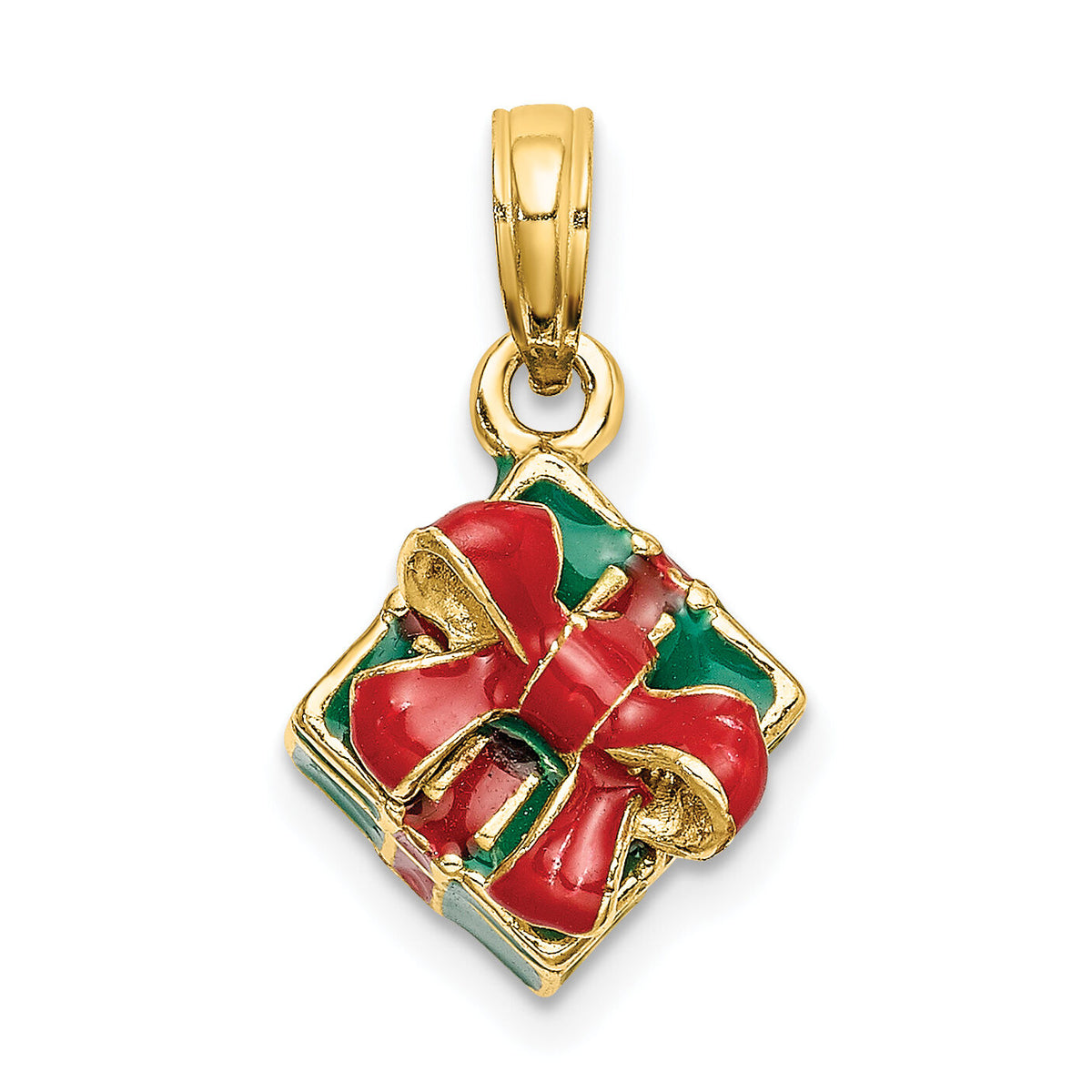 14K 3-D w/Enamel Green Gift Box w/Red Bow Charm-K7014