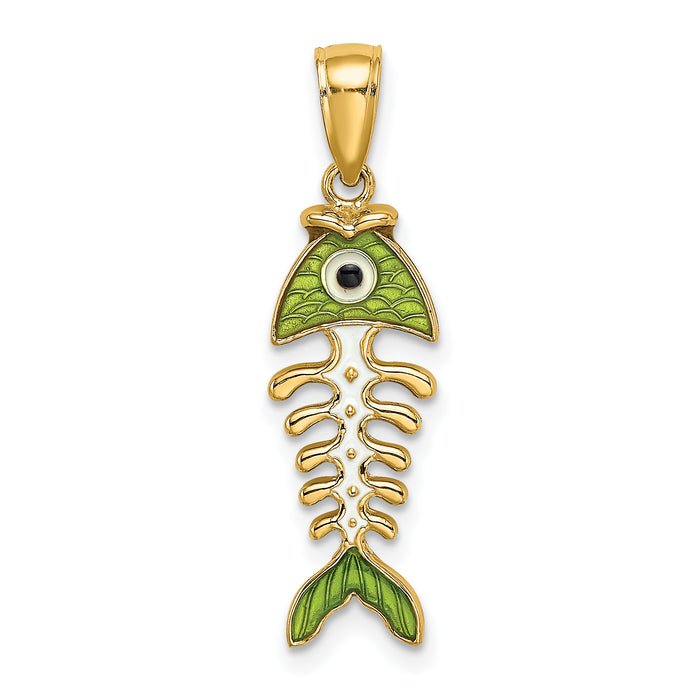 14k 3D  Green Enamel Fish Bone Charm-K7043