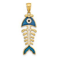 14k 3D  Blue Enamel Fish Bone Pendant-K7048