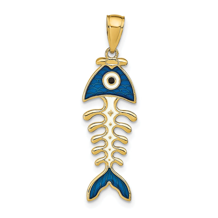 14k 3D  Blue Enamel Fish Bone Pendant-K7048