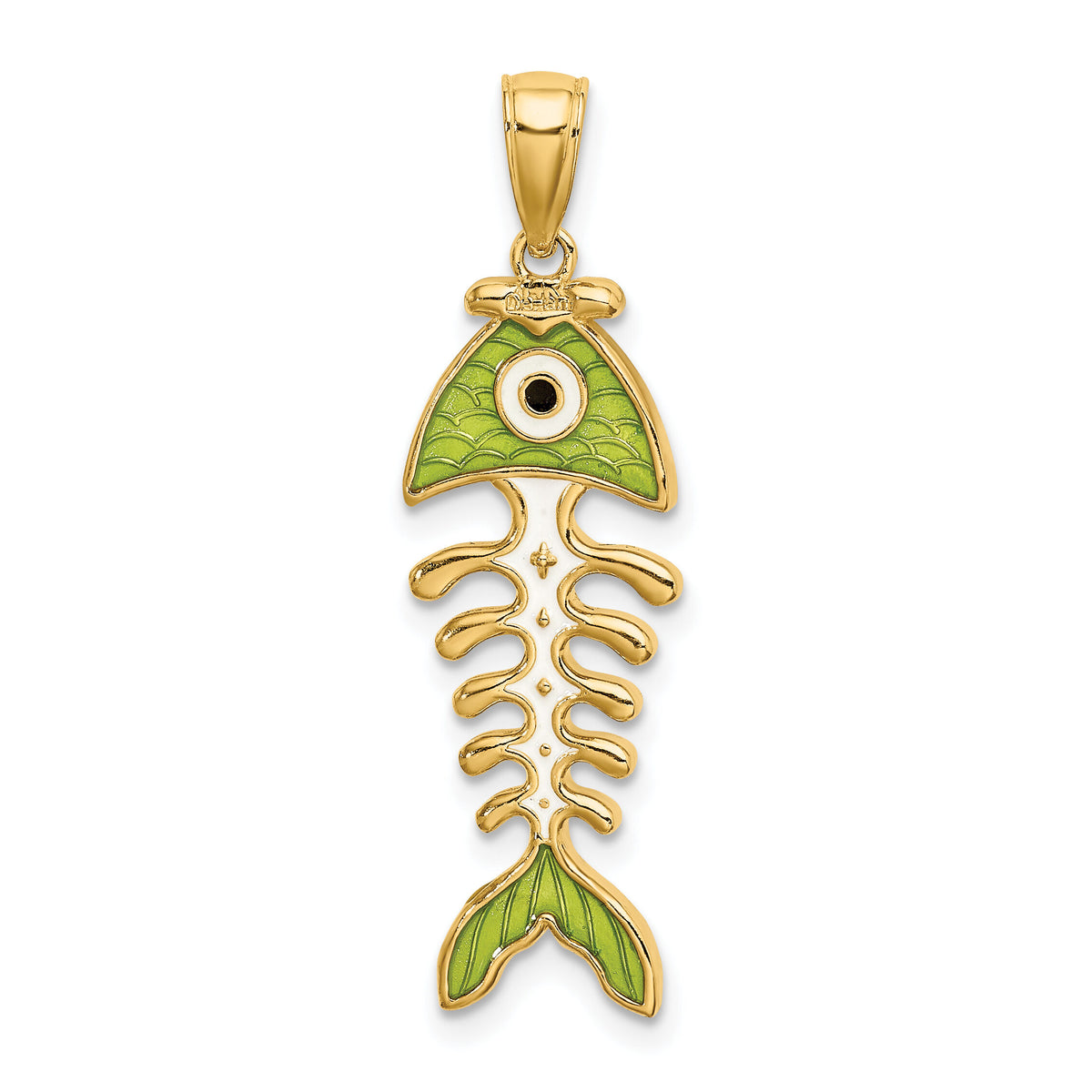 14k 3D  Green Enamel Fish Bone Charm-K7049