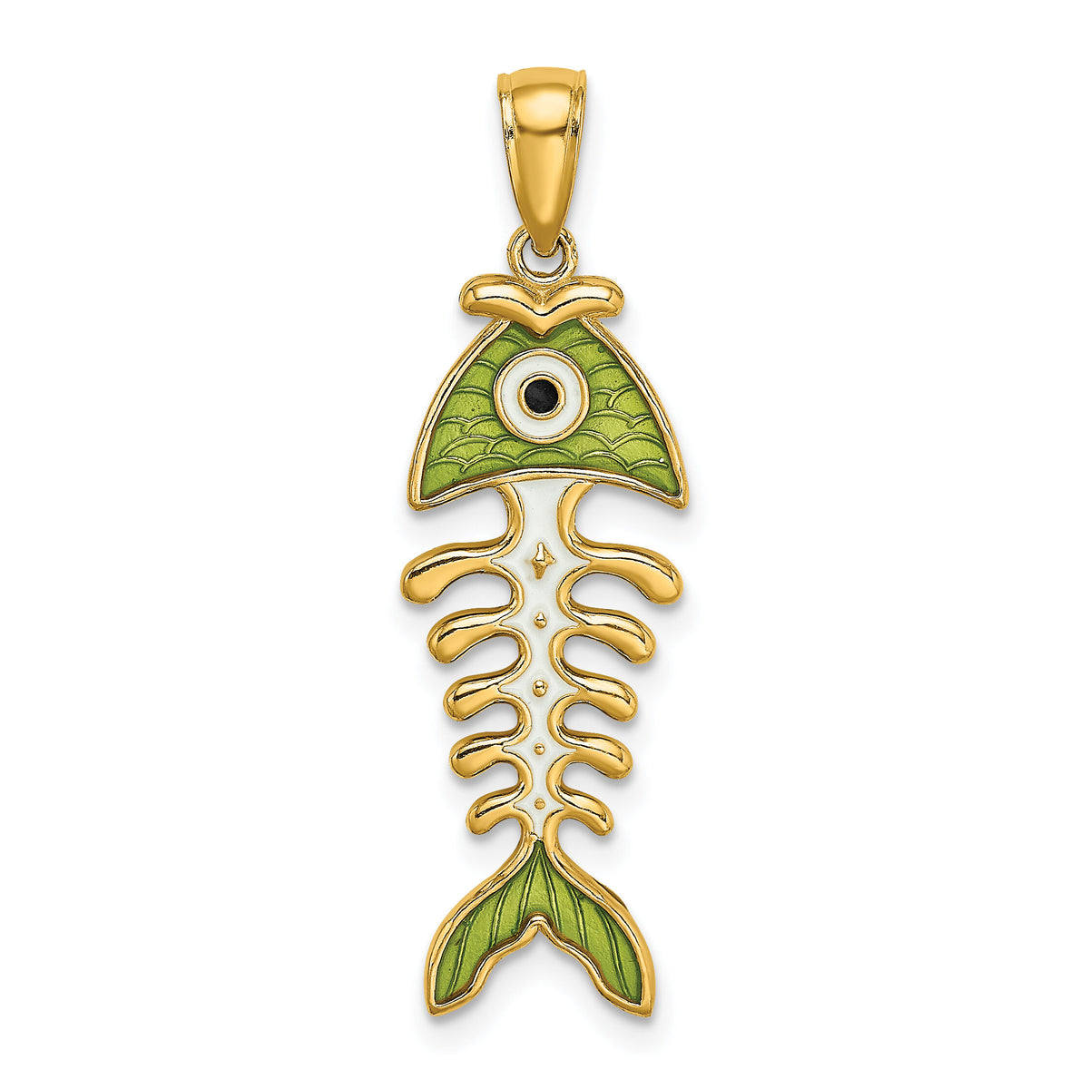 14k 3D  Green Enamel Fish Bone Charm-K7049