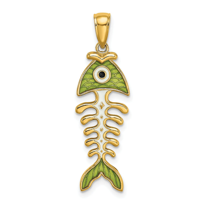 14k 3D  Green Enamel Fish Bone Charm-K7049