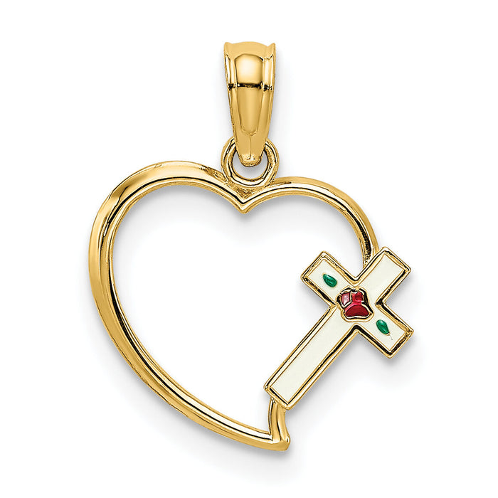 14K Enamel Cross and Heart Charm-K7069