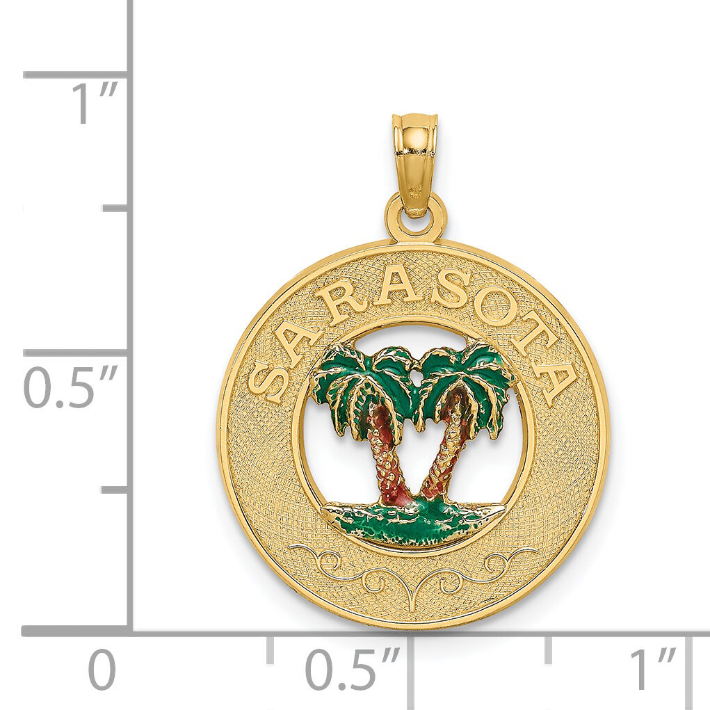 14K w/ Enamel SARASOTA Circle Palm Tree Charm-K7085