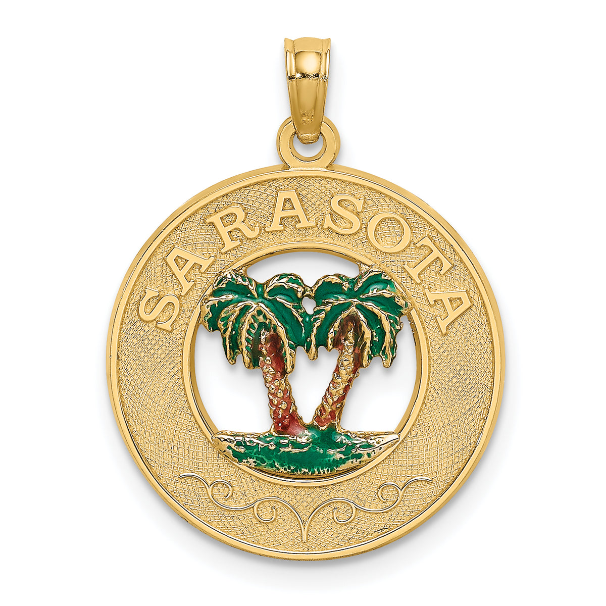 14K w/ Enamel SARASOTA Circle Palm Tree Charm-K7085