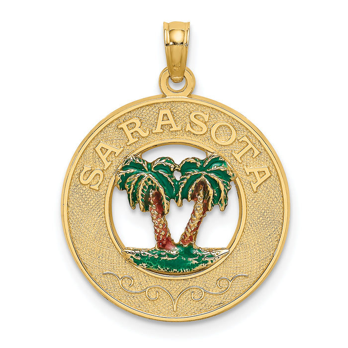 14K w/ Enamel SARASOTA Circle Palm Tree Charm-K7085