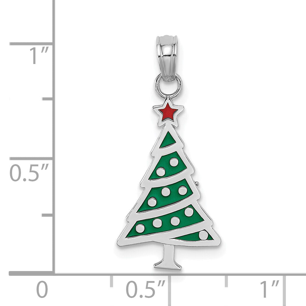 14K White Gold Enamel Green Christmas Tree w/ Red Star Charm-K7089W