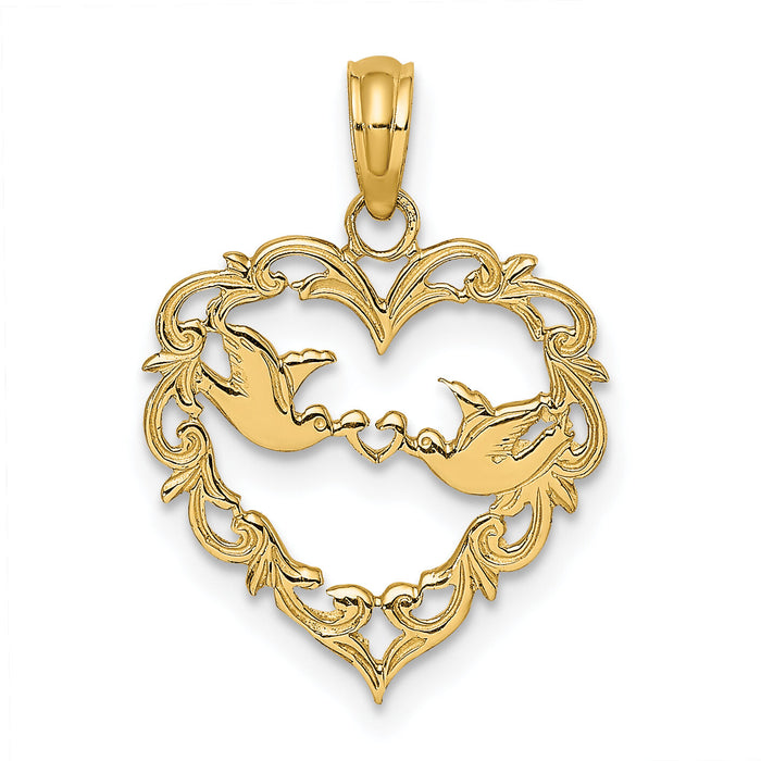 14K Polished Love Birds in Heart Pendant-K7105