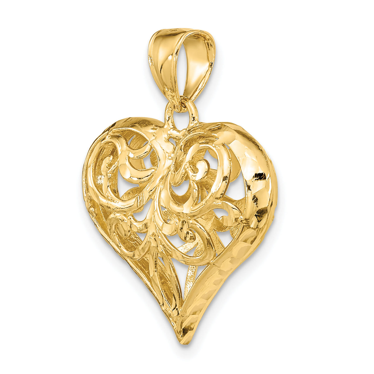 14K 3-D Diamond-cut Filigree Puffed Heart Charm-K7115