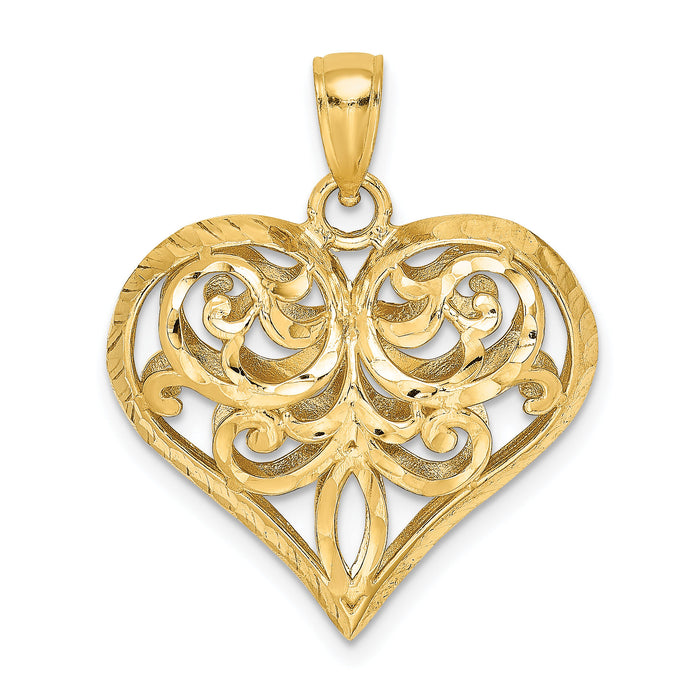 14K 3-D Diamond-cut Filigree Puffed Heart Charm-K7115