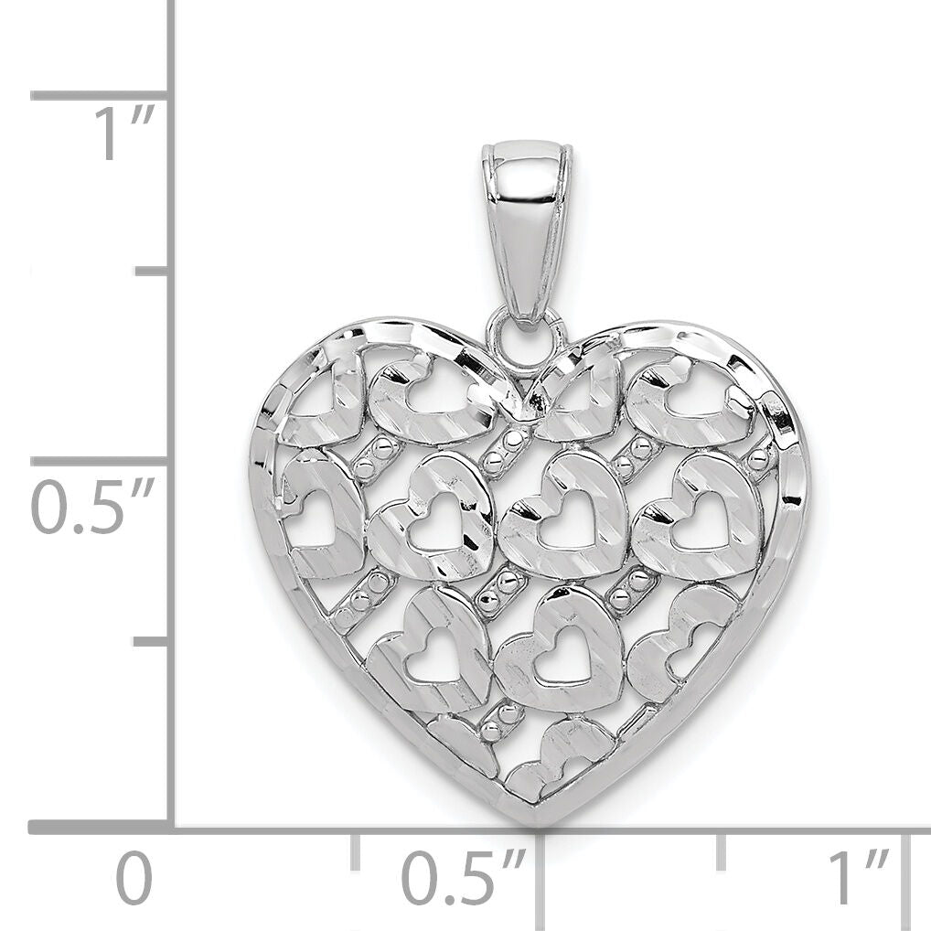 14K White Gold Diamond-cut Heart Pattern On Heart Charm-K7126W